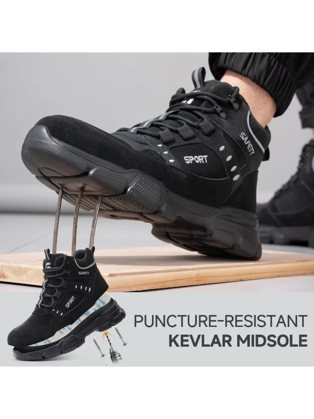 Men's Black Splashproof Shoes Casual High Top Steel Toe Non Slip Hiking Boots
